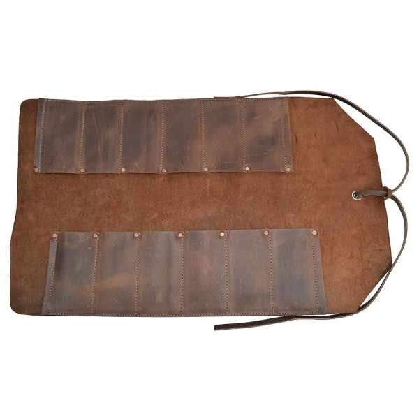 Stora verktygsväska i läder (12 platser), bärbar bärväska, verkstadsförvaring, träbearbetningsverktyg Brown
