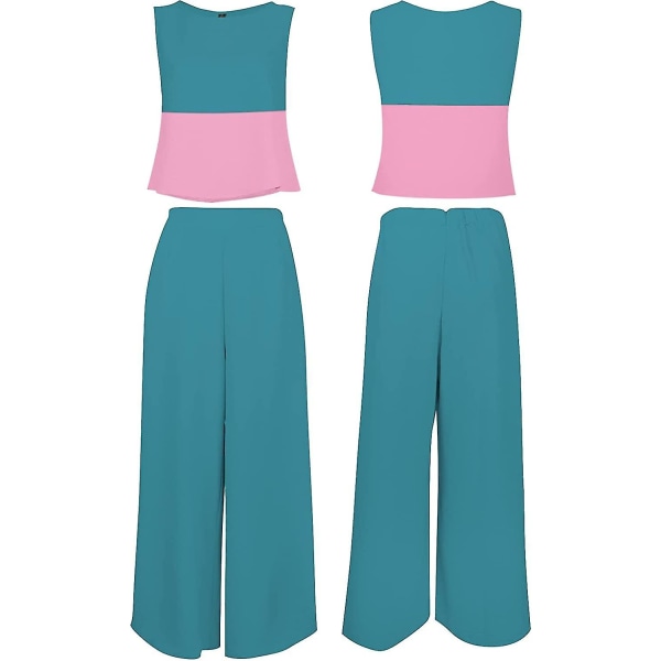 Roylamp Women's Summer 2-delade outfits Rundhalsad Crop Basic Top Beskuren Byxa Set med vida ben Jumpsuits Contrast Blue Small