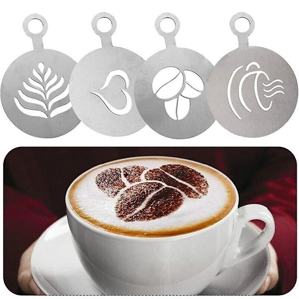 4 stk. Cappuccino Kaffe Dekoration Rustfrit Stål Skabeloner Kaffe Kunst Skabelon Kaffe Form Værktøj til Kage Kaffe Havregryn Varm Chokolade Silver