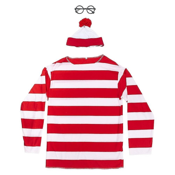 Wheres Waldo Now Røde og hvite striper kostyme Voksen menn T-skjorte Genser+lue+briller til jul Halloween festdress Long Sleeve M