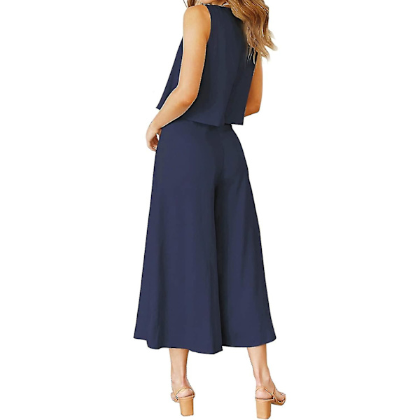 Roylamp Sommer-outfits til kvinder i 2 dele Rundhalset Crop Basic Top Beskåret Bukser med brede ben, Jumpsuits Navy Blue Medium