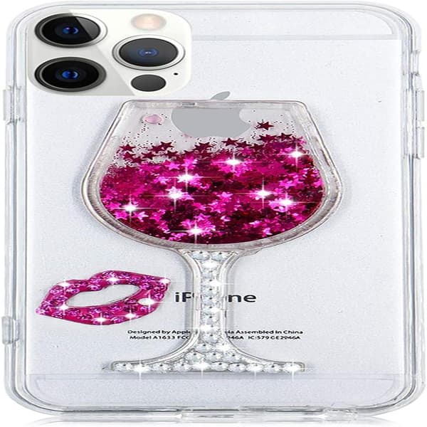 Flydende Glitter Etui til iPhone 16 Pro 6.3 \", 3D Vinglas Design Bling Diamant Glitrende Flydende Pailletter C