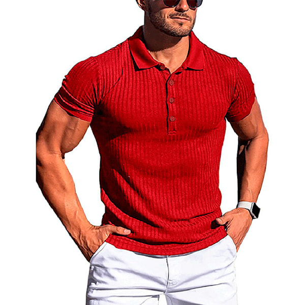 Herre sommer sports fitness fritid elastisk revers lodret stribet kortærmet POLO skjorte mænd Red XXXL