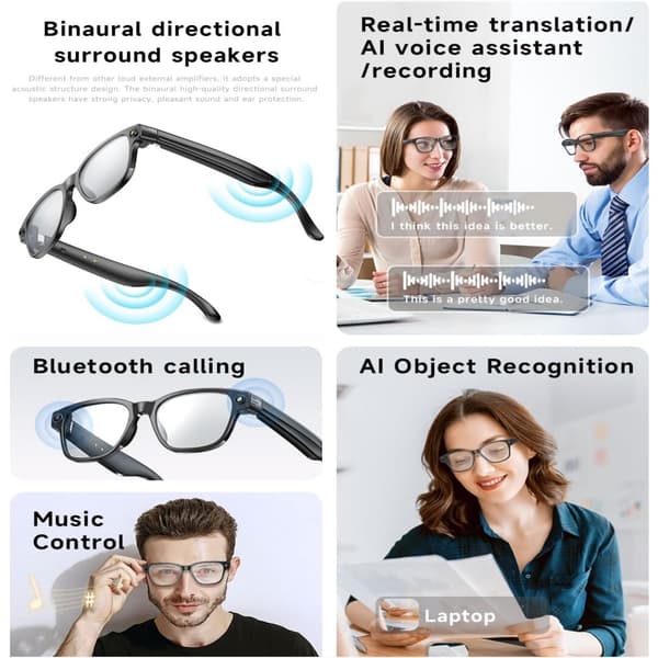 Smart AI Glasses with HD Camera, Noise Reduction, and Real-time Translation - Compatible with Android and iOS Transparent