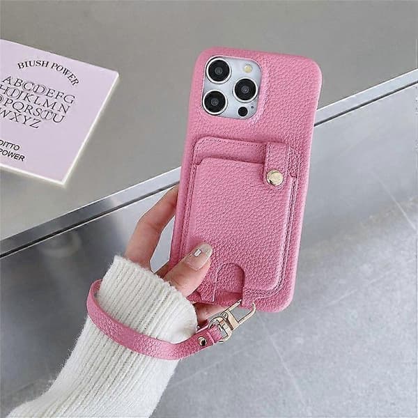 For iPhone 16 Pro Max Deksel Multifunksjonelle Kortspor Lær Bakdeksel med Håndleddsstropp Pink