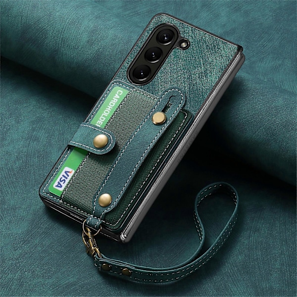 Fodral för Z Fold 6, Läderplånboksfodral för Samsung Galaxy Z Fold 6 med Kortfack & Armband, Stötsäkert Skyddande Omslag Green