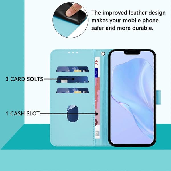 Skin Feel Lær Telefonveske For iPhone 15 Plus Sky Blue