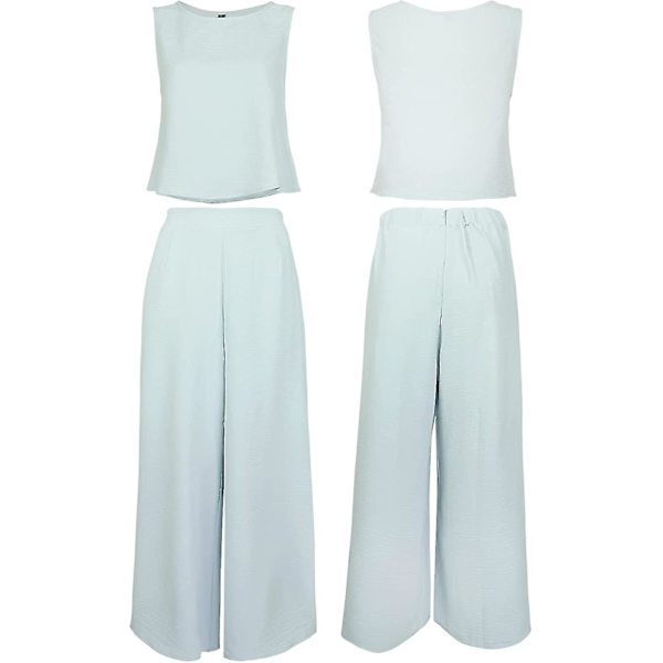 Roylamp Sommer-outfits til kvinder i 2 dele Rundhalset Crop Basic Top Beskåret Bukser med brede ben, Jumpsuits Light Cyan X-Small