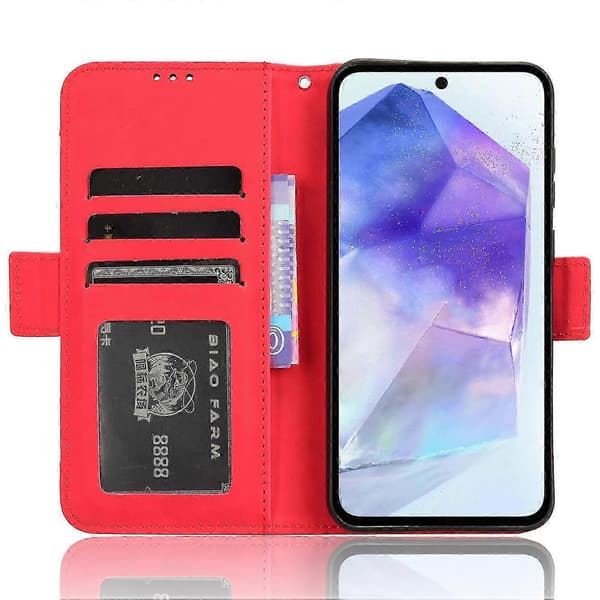 Läderfodral för Samsung Galaxy A55 5g med flera kortfack och stativ Red