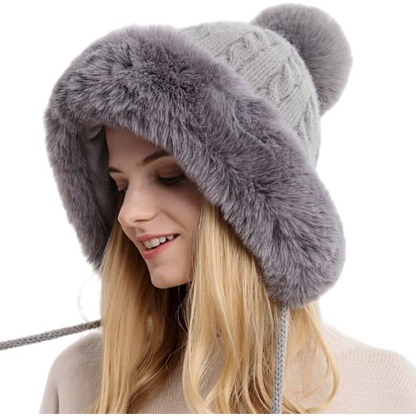 Dam vinter Peruvian öronbeklädnad Beanie Hat Öronklaffar Sherpa Skidmössa Stickad Fleecefodrad 3 Pom Grey Solid One Size