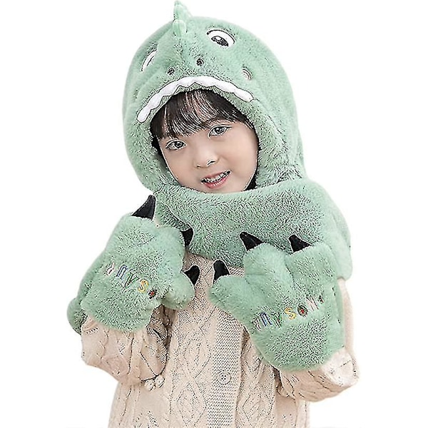 Barn Dinosaur Fleece Plysj Lue Håndklær Skjerf 3 I 1 Sett Jenter Gutter Vinter Søt Varm Lang Hoodie