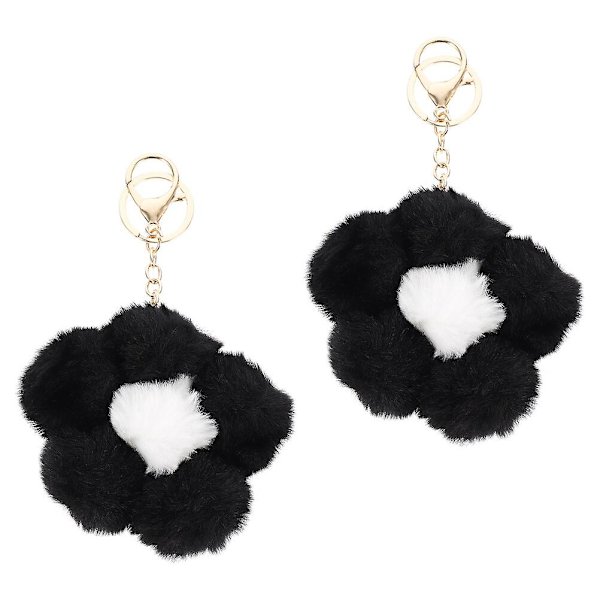 2 stk. Vinterbiltilbehør Dukkehængende Sød Nøgleholder Fluffy Nøglering Nøglekæde Vedhæng Blomst Ring Black 9X9X3.5CM