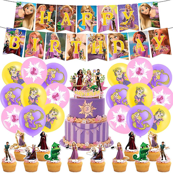 Tangled Rapunzel Princess Tema Dekorationer Festartikler Banner Balloner Kage Toppers Sæt Gaver