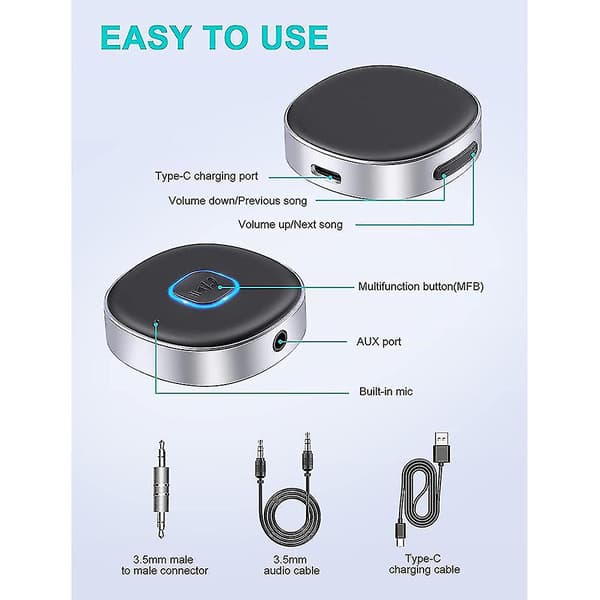 Bluetooth-mottaker 5.0 Mini Aux Bluetooth-biltilpasning for musikkstrømming 12 timers spilletid