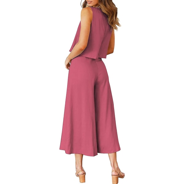 Roylamp sommerantrekk for kvinner i 2 deler Rundhalset Crop Basic Topp Beskåret buksesett med brede ben, Jumpsuits Dark Fuchsia Medium