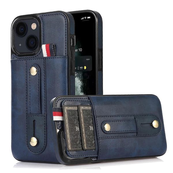 Læder telefoncover med håndledsrem, støttefod og pung til iPhone 14 Plus Blue