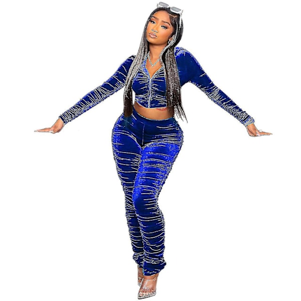Naisten Sametti Tracksuit Set Seksikäs 2-osainen Asuste Vetoketjullinen Huppari Blue M