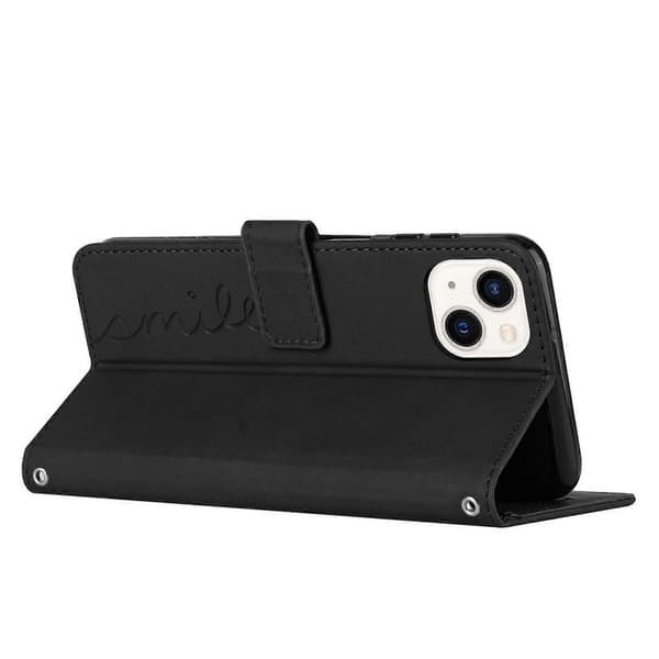 Læder telefoncover med hjerte mønster til iPhone 14 Black