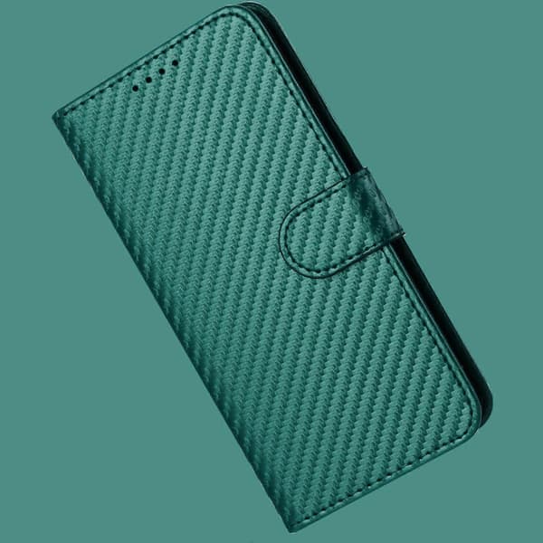 Plånboksfodral för iPhone 16 Plus med rem, kolfibertextur läder mobilskal Blackish Green