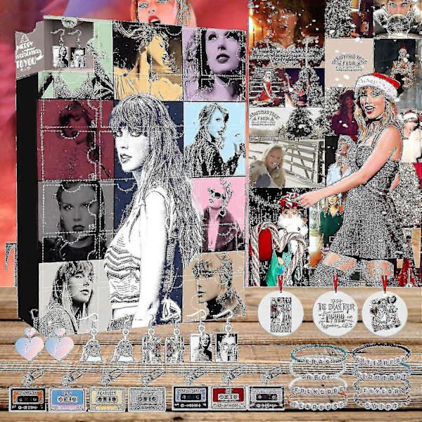 Taylor Swift Julekalender med 24 Stykker Gave Juleakryl Dekoration og Armbånd Overraskelse Julefavoritter