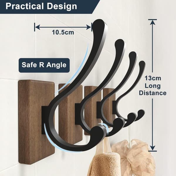 4 Coat Hooks - Wooden Coat Rack, Wall Mounted Coat Rack for Hats