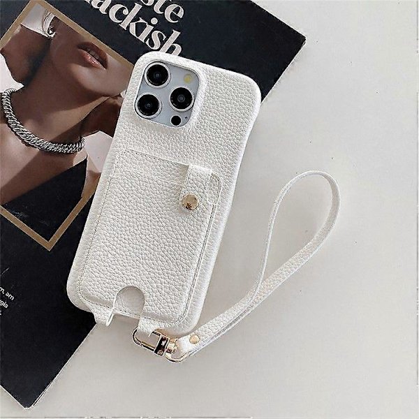 Fodral för iPhone 16 Pro Max, multifunktionella kortfack, läderbaksida med handledsrem White