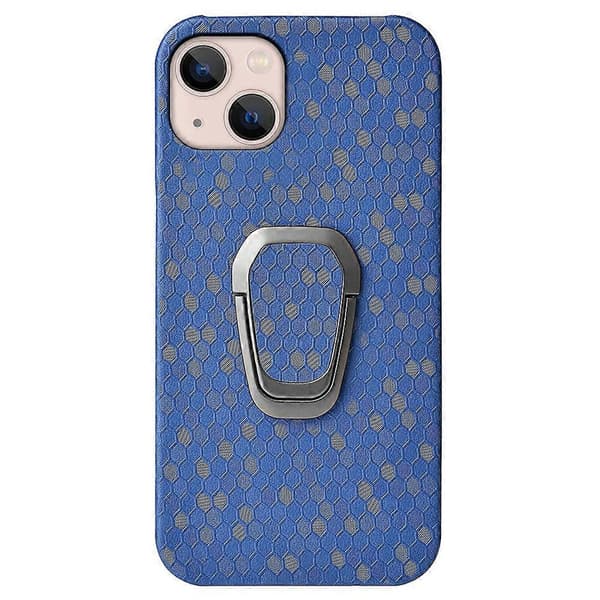 For iPhone 14 Plus Ringholder Honeycomb PU Telefondeksel Navy Blue