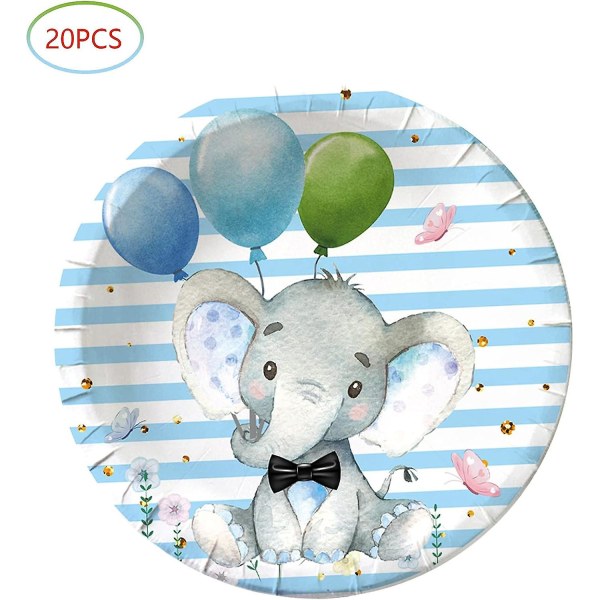 Elephant Baby Shower, Sinisen norsun syntymäpäiväjuhlatarvikkeet, 20 lautasta ja 20 lautasliinaa, norsuteemainen syntymäpäiväjuhlakoristelu pojalle