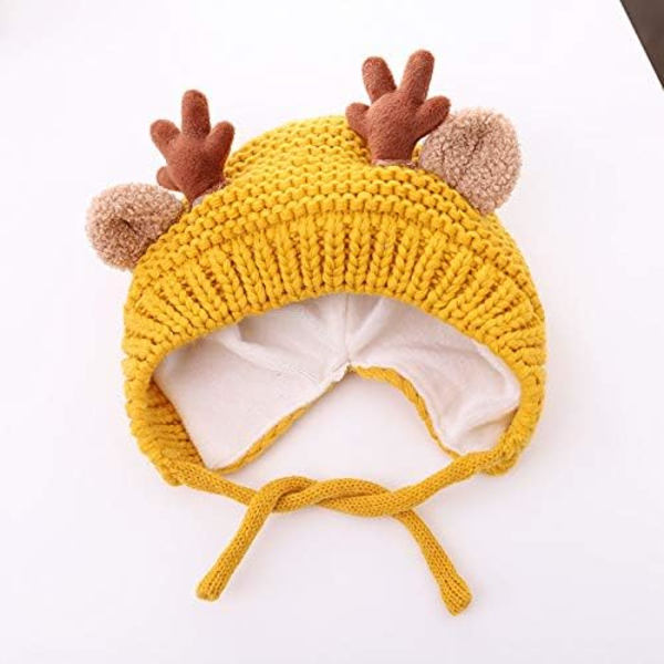 Søt Hjorte-Elg Hodeplagg Babyhatt Vinter Varmt Plysj Strikket Ørevarmer Bonnet Gutter Jenter Caps Beanie med Hakestropp Yellow One Size