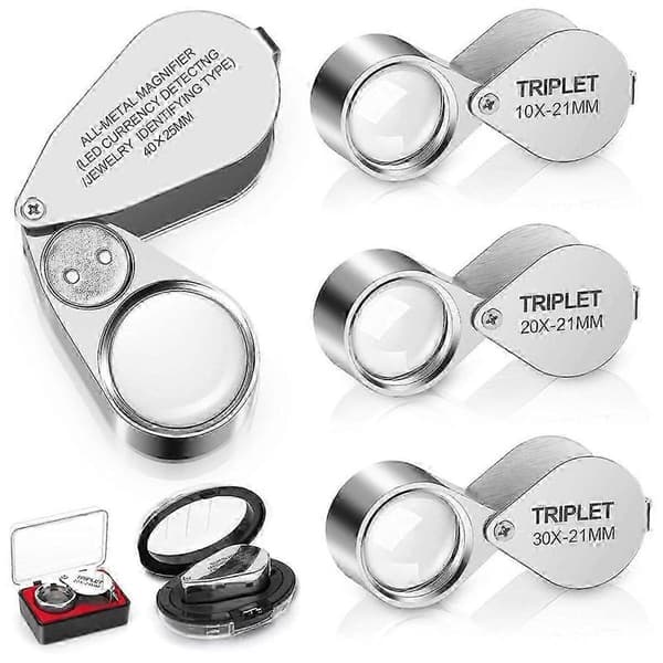 10X til 40X fuldmetal smykke lup med 4 bærbare belyste lupper Silver