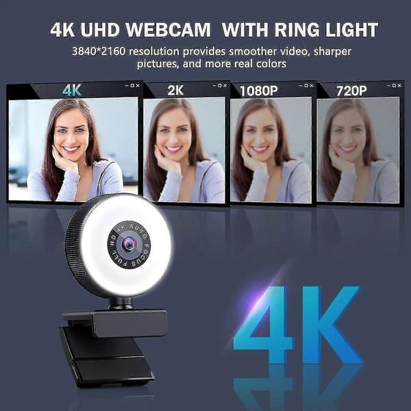 4K HD Autofokus Webkamera med Mikrofon, Justerbart Lys Datakamera USB Webkamera for Bærbar PC Stasjonær
