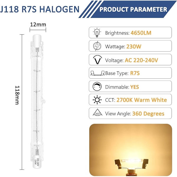 Pakke med 6 R7S Halogenpærer 118mm 240W 230V, J118 Sikkerhetspære Lineær Flomlys Pærer, Dimbar, 2700K Varmt Hvit, 4650lm