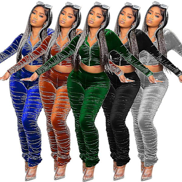 Naisten Sametti Tracksuit Set Seksikäs 2-osainen Asuste Vetoketjullinen Huppari Grey 2XL