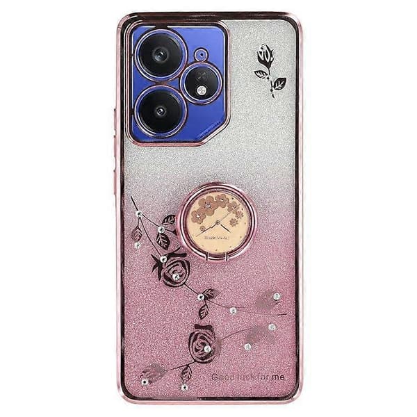 Deksel til Realme Neo7 5G med ringstativ, TPU, blomster, gradient glitter Rose Gold