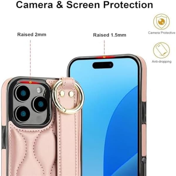 Apple iPhone 16 Pro Max Cover Sød med Håndledsrem Stativ til Kvinder Piger, PU Læder Håndledsbånd Telefonetui med Ring