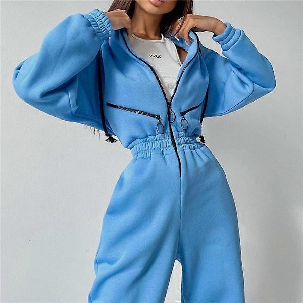 Dam Tracksuit Falsk Tvådelad Set Casual Dragkedja Dragkedja Hoodie Suit Mode Solid Lös Höst Vinter Tröja Sport Set BLUE XL