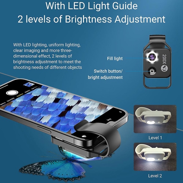 200X forstørrelse mikroskoplinse NO Mobil LED-lys Minilomme makrolinser for alle smarttelefoner svart Black