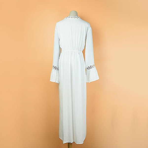 Bikini Cover Up Beach Lång Maxi Klänning Kvinnor Strand Cover Up Tunika Pareo Vit V-hals Klänning Robe Badkläder Baddräkt Strandkläder