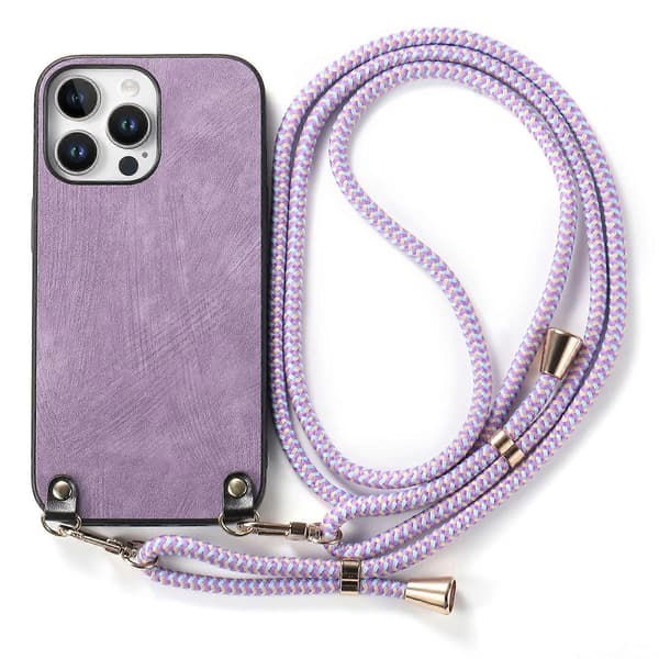 Retro skinndeksel til iPhone 16 Pro med justerbar stropp Purple