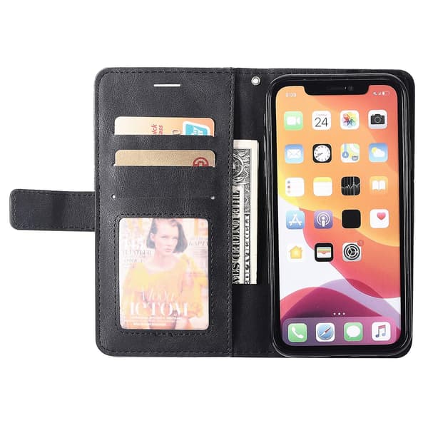 Läderfodral med rem för iPhone 11, hudvänlig skarvning, plånboksfodral - Röd Black iPhone 11