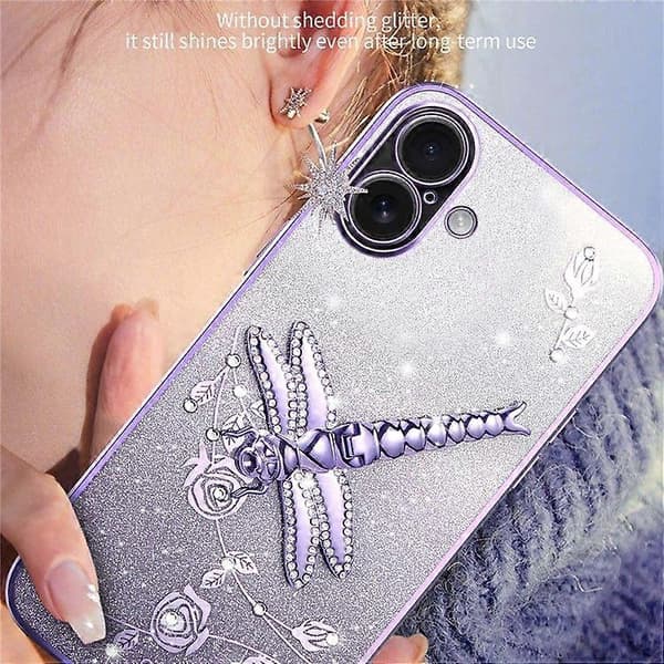 Fodral till iPhone 16 Plus Dragonfly Ställ TPU Blommor Glitter Telefonskal Pink