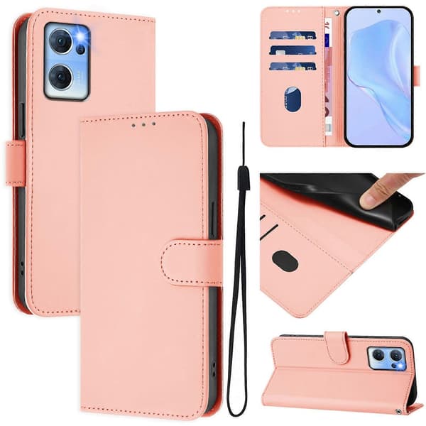 PU-kotelo kaulanauhalla OPPO Reno7 5G Global -puhelimelle Pink