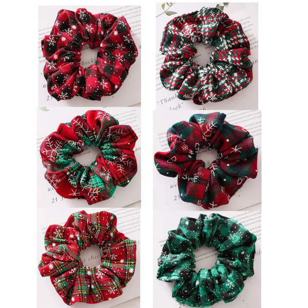 6-pak Julscrunchies til Hår - Scrunchieholder, Hestehale Elastik, Hårelastikker, Hårbånd, Vinter Snefnug, Ternede