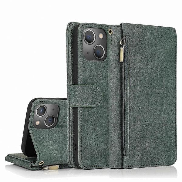 Læder Lynlås Pung Etui til 14 Pro Telefon Dark Green