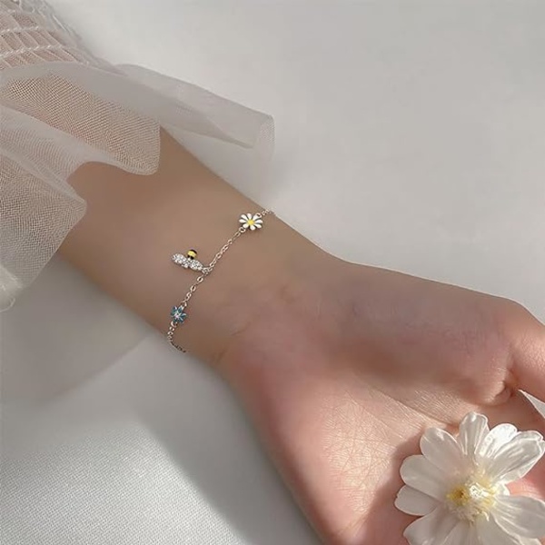 Søte Daisy Flowers Honeybee Armbånd 925 Sterling Sølv CZ Krystall Fargerike Solsikke Bumble Bee Linkkjede Justerbart armbånd