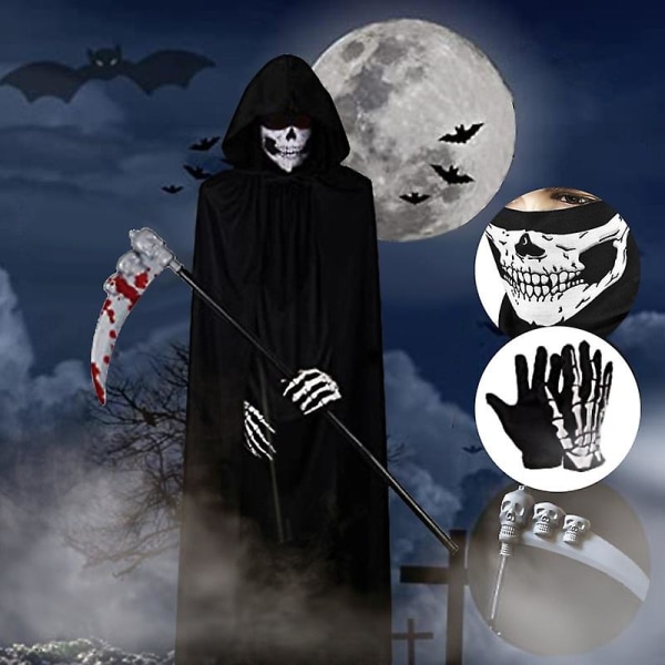 4st set Halloween Grim Reaper mantel Cape Hooded Cosplay Wizard Devil Vampires Cloak Halloween Carnival Party Kostymer för vuxna