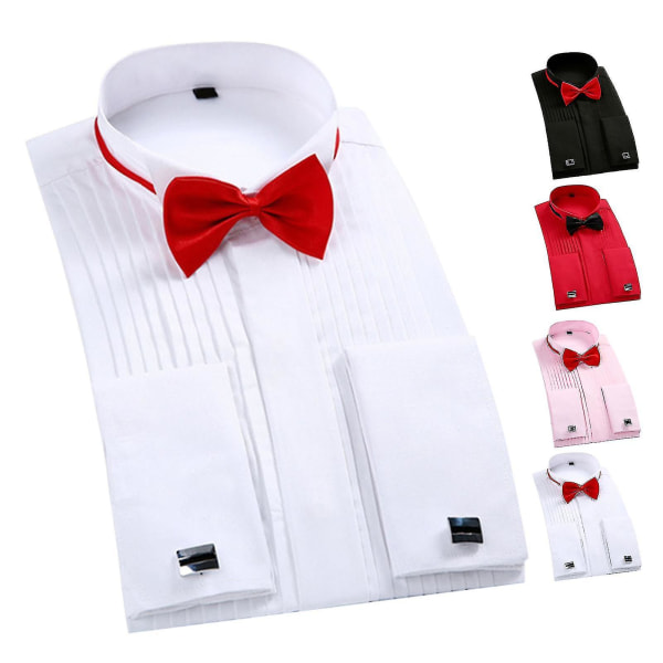 Bryllupssmokingskjorte Vingetuppkrage med sløyfe Plisseret skjorte Mansjettknapper Langermet vanlig topp for menn White 42