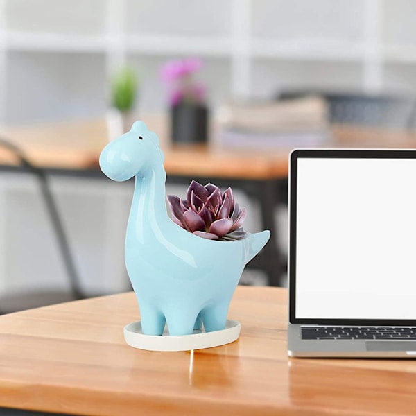 Keramisk suckulentkruka med fat, dinosaurieformad kaktusblomkruka, minigåva för inomhusväxtkruka