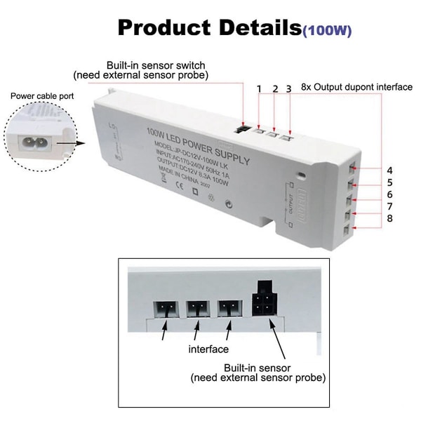 AC220V til DC 12V Lystransformator LED Kabinet Lys Strip Lys Strømforsyning Port Driver 100W E White