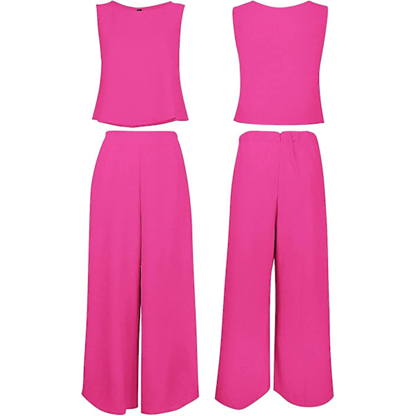 Roylamp Sommer-outfits til kvinder i 2 dele Rundhalset Crop Basic Top Beskåret Bukser med brede ben, Jumpsuits Rose Red X-Small